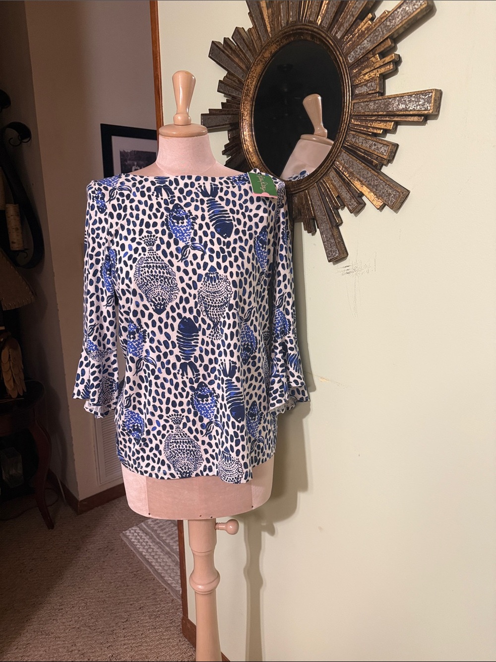 New Lilly Pulitzer Blue and White Printed Boatneck Blouse